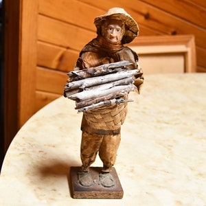 Vintage Paper Mache Villager Mexican Folk Art Figurine Man With Detailed Face Carrying Basket of Firewood On Base