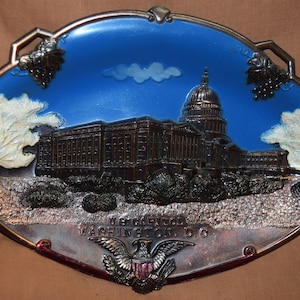 Vintage US Capitol / Washington D C - Oval Copper Souvenir Dish - Hand Painted Raised Design - Made in Japan