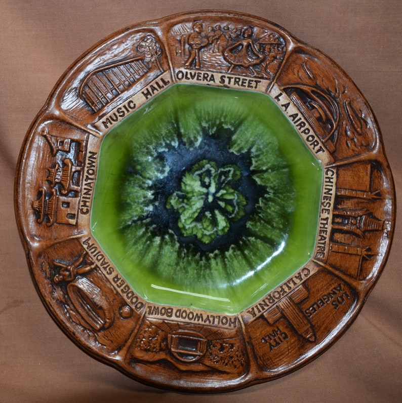 Green USA Vintage Treasure Craft Pottery Los Angeles Tourist Attractions Souvenir Plate Bowl