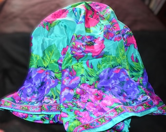 Cravate/écharpe vintage Liz Claiborne New Old Stock pour femmes des années 80 - Vert riche avec des fleurs multicolores - 100 % soie