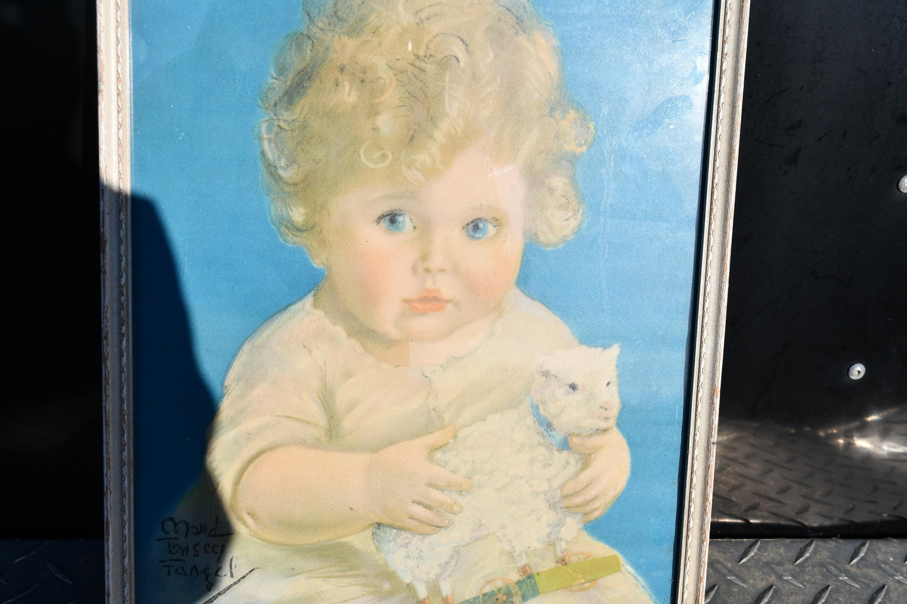 Vintage Maud Tousey Fangel Litho (?) Print-two Wee Lambs/child