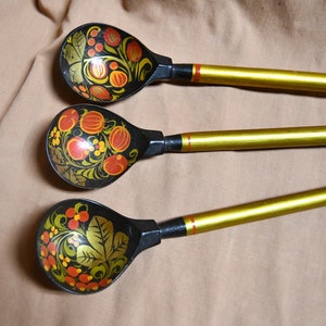 Vintage - Set Of Three Khokhloma Hohloma Russian Folk Art Decorative Hand Painted Wood Spoons / Each Is 16&quot; Long