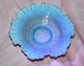 Vintage Jefferson Glass Aqua Blue Opalescent Fluted Ruffle Bowl - Many Loops (#247) Patter - Small Chip On Base Which Does Not Show