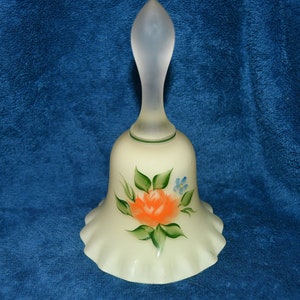 Vintage Fenton Yellow Glass Dinner Bell/Lemon Pattern-Hand Made/ Hand Painted/Ruffled Edges/Orange Flower & Leaves-Signed S. Augustine 1981