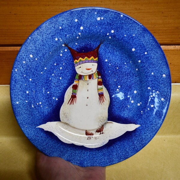Vintage Christmas / Holiday Sakura / Debbie Taylor Kerman Earthenware Snowmates Blue Snowman Salad Plate 8.5" - Dishwasher / Microwave Safe