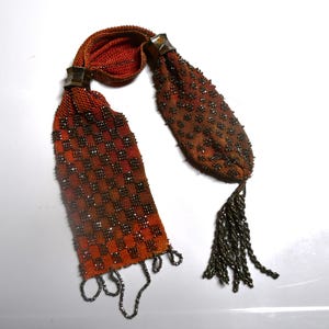 Antique Victorian Era (?) Miser's Purse With Metal Silvertone Beads & Tassels. Two Rings With Center Opening - Deep Rust/Burnt Orange Color
