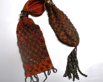 Antique Victorian Era (?) Miser's Purse With Metal Silvertone Beads & Tassels. Two Rings With Center Opening - Deep Rust/Burnt Orange Color