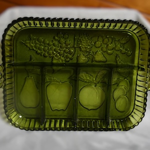 Vintage Mid Century Indiana Glass Raised Fruit Pattern /  Five Partioned Avocado Green Glass Plate / Platter With Handles
