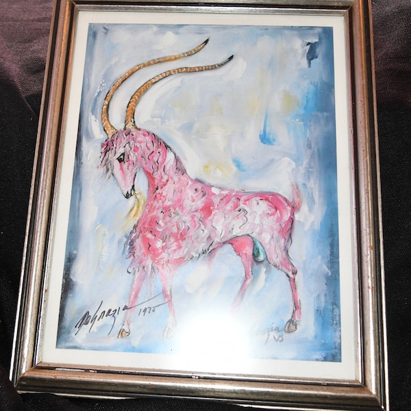 Vintage Ted DeGrazia Capricorn Art Print From The Original Oil Painting - Signed Twice With Year 1975 - Framed Under Glass / 12" x 10"