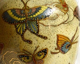 Vintage Chinese Hand Painted Butterflies Satsuma Moriage Vase