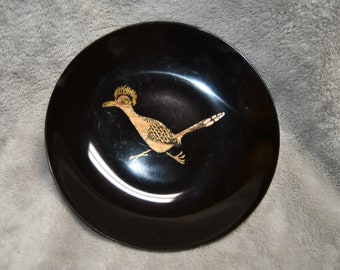 Vintage Couroc of Monterey California Black Inlaid Road Runner Shallow Bowl  -  Mid Century