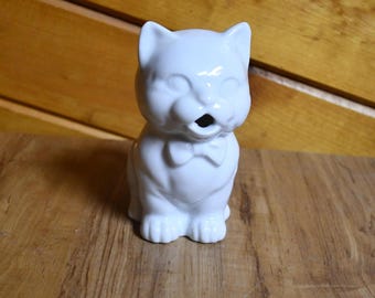 Vintage Ceramic Cat/Kitten Shaped Creamer/Mini Pitcher - Solid White In Color - Wearing A Bowtie  - 4.25" Tall x 2.25" Wide x 3.5" Long