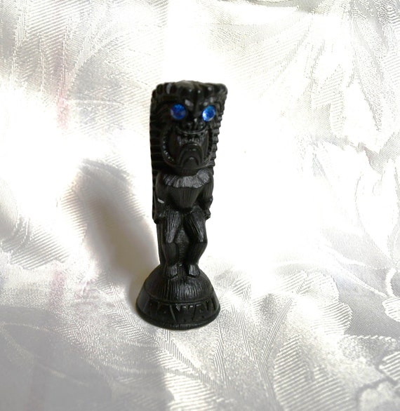 Vintage Co Co Joes Hawaii Black Hand Carved Tiki With Blue
