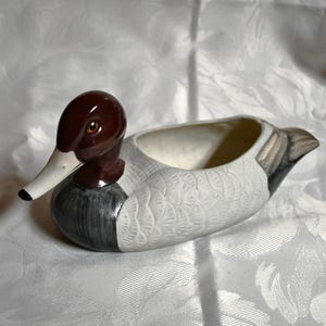 May include: A ceramic planter shaped like a duck with a brown head and a white body with grey markings. The duck has a small opening in the top for planting.