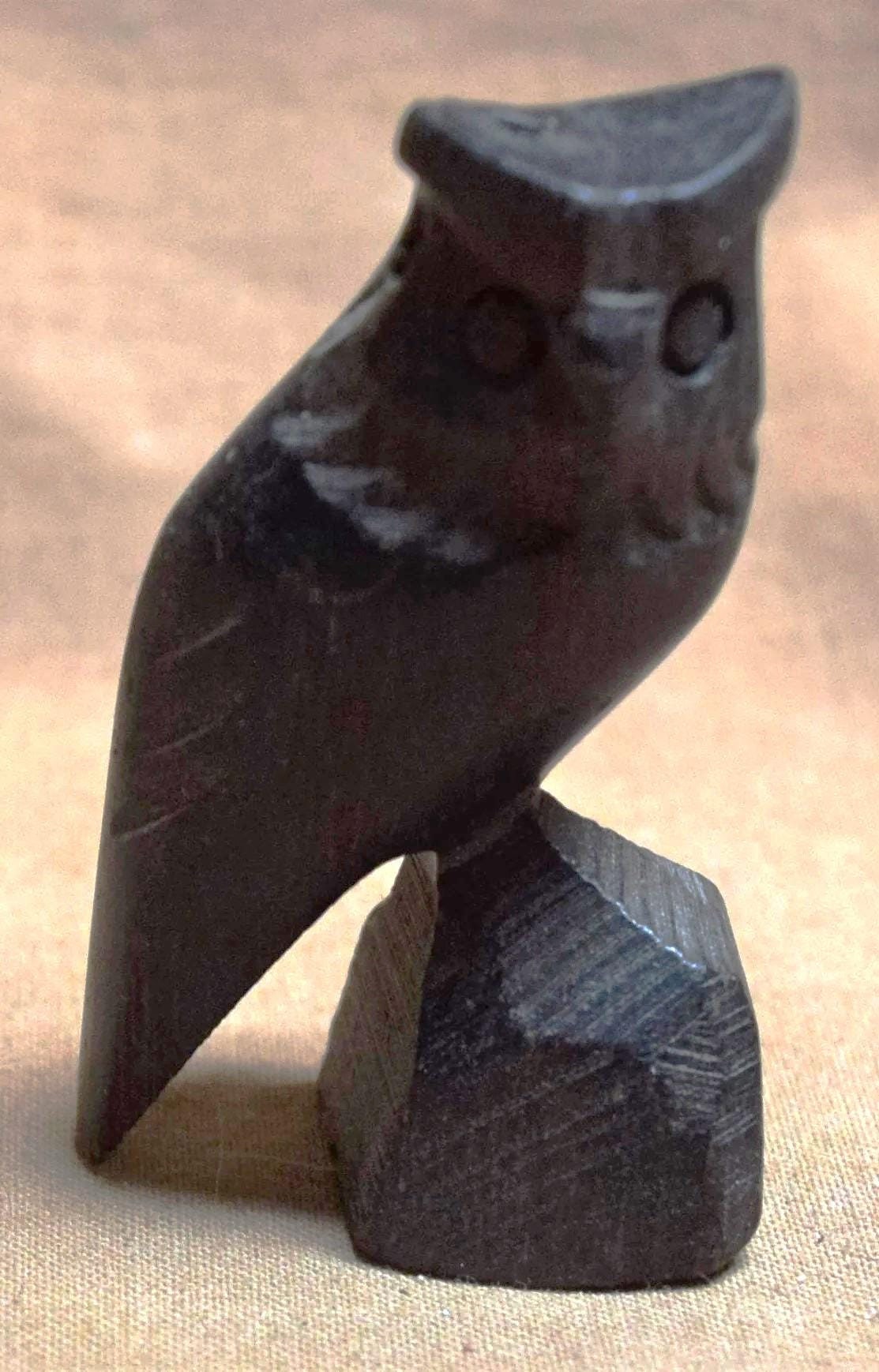 Hard Wood Carved Miniature Owl Figurine on Base - 2" Tall