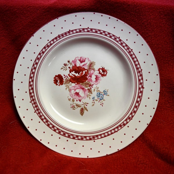 Vintage Country Living 9 Inch Ceramic Dinner Plates Pink/Red Flowers/Roses With Red Gingham Borders And Polka Dots  - Eight Available