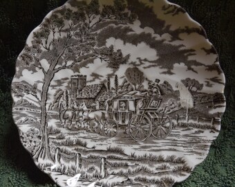 Lot of 5 Royal Mail Pattern Fine Staffordshire Ironstone Saucers -  Horse Drawn Stage Coach On Tree Lined Country Road - Rich Brown In Color