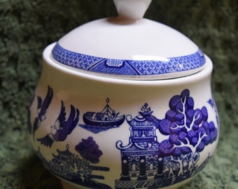 Royal Cuthberston Blue Willow-Mixed Lot Blue & White China - Tea Cups, Serving Bowl, Platters, Tall Cups, Creamer, Sugar Bowl, Saucer, Plate