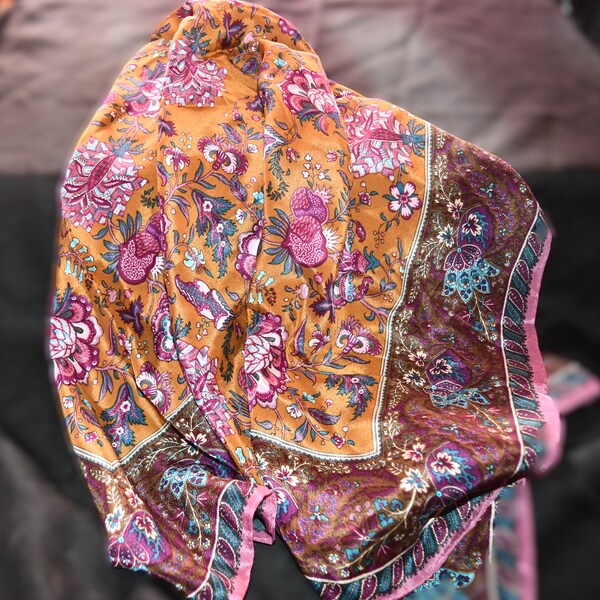 Vintage Liz Claiborne New Old Stock Ladies 80's Vintage Tie/Scarf - Purple, Gold &  Green With Multi Colored Florals / Paisley - 100%  Silk
