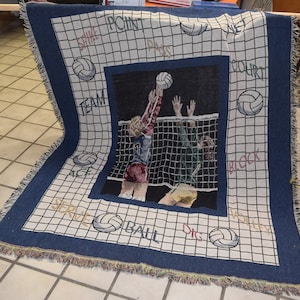 VTG Volleyball Players / Volleyball Themed - Fringed Blanket/Tapestry/Throw.  Measures Approximately 4.5' x 6'.