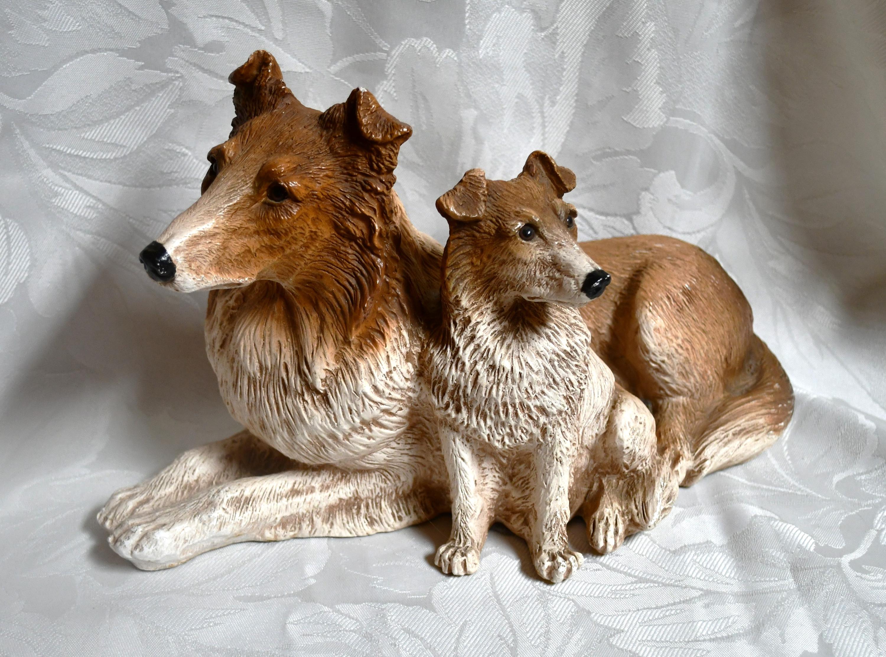 ヴィンテージ 1990 Homco #8877 - ラフコリーの母犬と子犬の樹脂製 