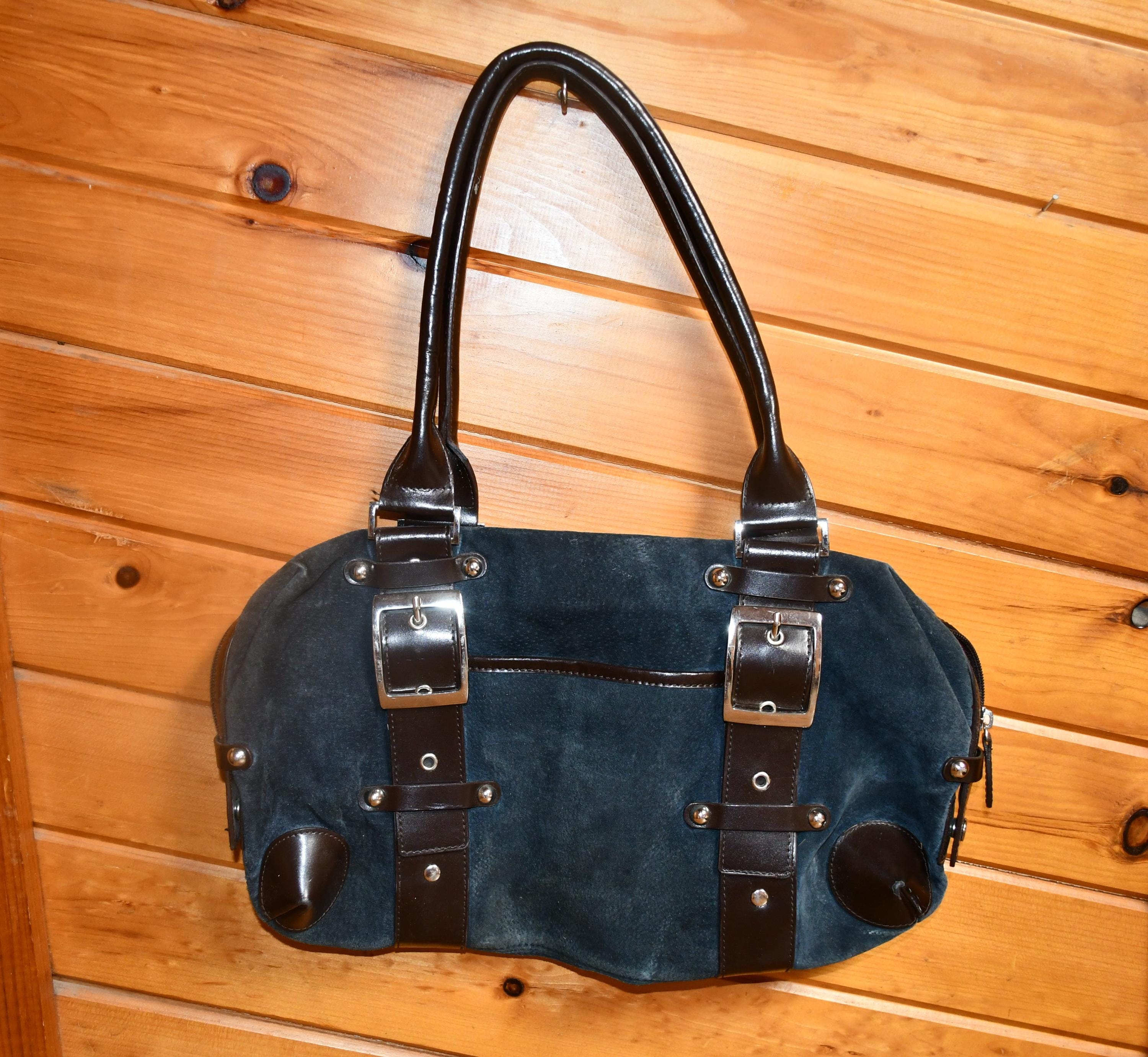 Wilsons Leather Maxima Suede Dark Blue Purse With Black Straps 