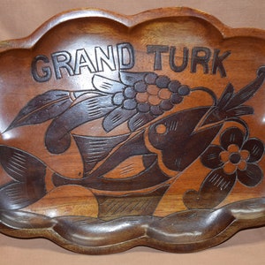 Vintage  Carved Wood Souvenir Handled Platter / Tray Fish / Flowers / Fruit - Carvings on Front & Back - Grand Turk