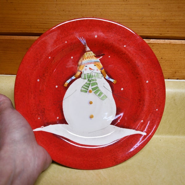 Vintage Christmas / Holiday Sakura / Debbie Taylor Kerman Earthenware Snowmates Red Snowman Salad Plate 8.5" - Dishwasher And Microwave Safe