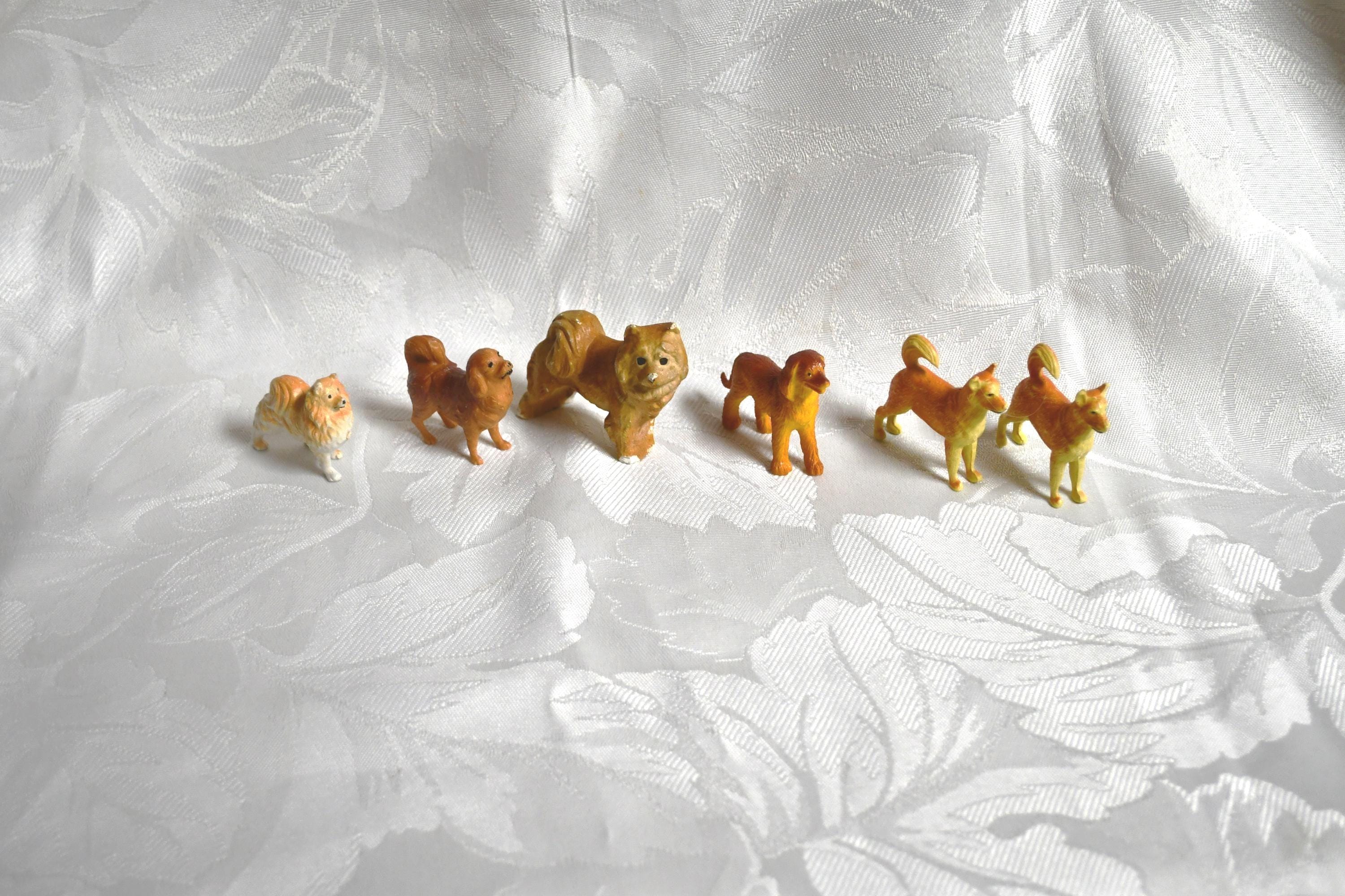 Vintage  Lot Of 6 Plastic/Hard Rubber/Chalkware Miniature Dog Figurines - Chow, Basenji, Afghan Hound,   Spitz Type- Largest  Is About 3 x 2