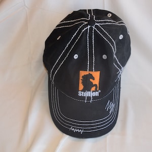Può includere: Cappellino da baseball nero con cuciture bianche e un logo con una silhouette di cavallo nero su sfondo arancione con la parola "Stallion" in bianco.