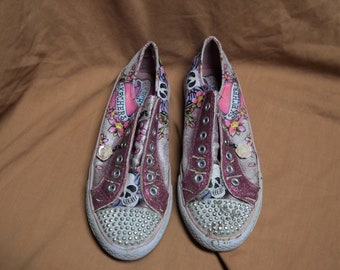 Sketchers Twinkle Toes Style Pink Tattoo Art / Sugar Skulls Girls Size 4 Tennis Shoes