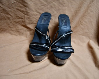 Vintage Pleaser 5" Stiletto Clear/Acryllic Heels - Platform Heels / Sexy Black Criss Cross Straps / Size 6.5-7 US