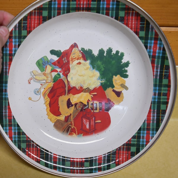 Vintage Hallmark Jan Karon Design Mitford Santa Claus - Speckled Enamel / Tin Pie Plate 10 Inches In Diameter - Christmas/Holiday Tableware