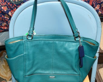 Coach Teal Blue/green pebble Leather Shoulder Tote/purse/bag No