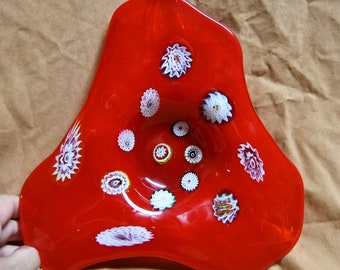 Large Vintage Murano Blood Red Glass  Millefiori Opalescent Bowl / Candy Dish - Quite Heavy Older Piece