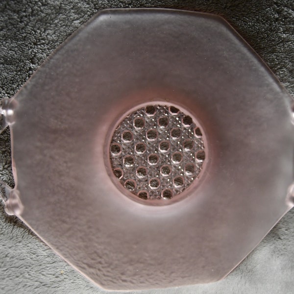 Vintage Frosted / Satin Pink Depression Octagon Shaped Glass Tray  With Pink Handles - Bubbles Pattern In The Middle