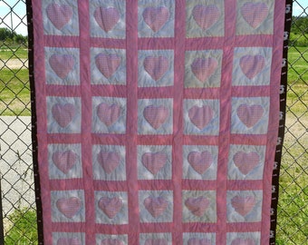RESERVED Vintage Double Wedding Ring Quilt, Pink & White Cotton