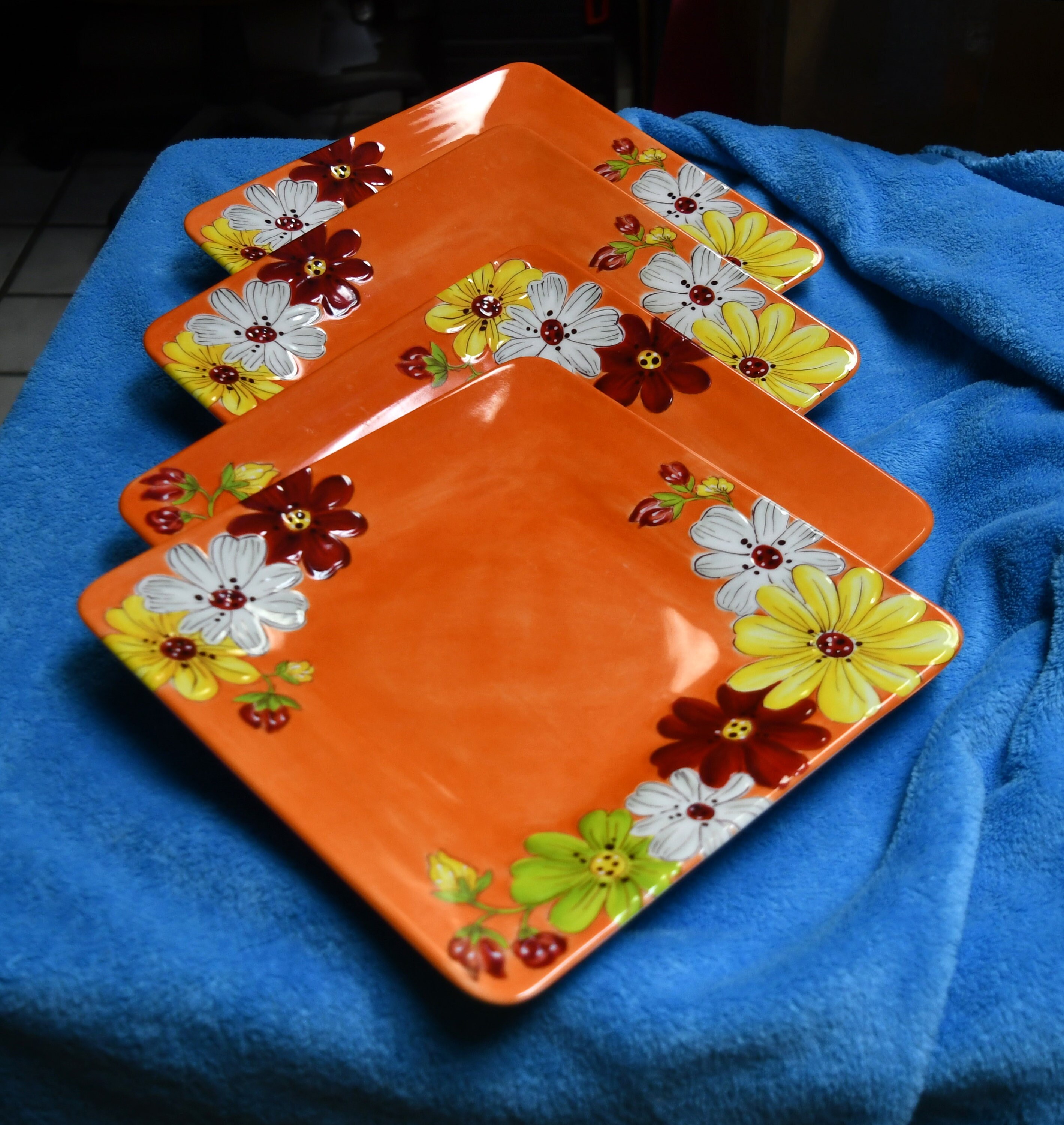 Set of Four Laurie Gates Flower Melamine Dish Set Square Plates Pretty Red orange peach Melon Color With Multi Colored Flowers Daisies Etsy