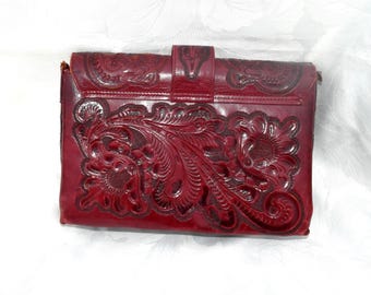Vintage Hand Tooled Leather Purse - Deep Burgundy Color - Unbranded - Needs Replacement Strap - Measures Approximately 11" Wide x 8" Deep