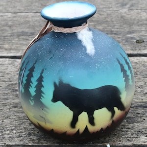 Vintage Cedar Mesa Native American Pottery - R.W. Adamson (?)  Woodland Shadows / Wolves - Measures About 6.5" Tall x 6" Wide