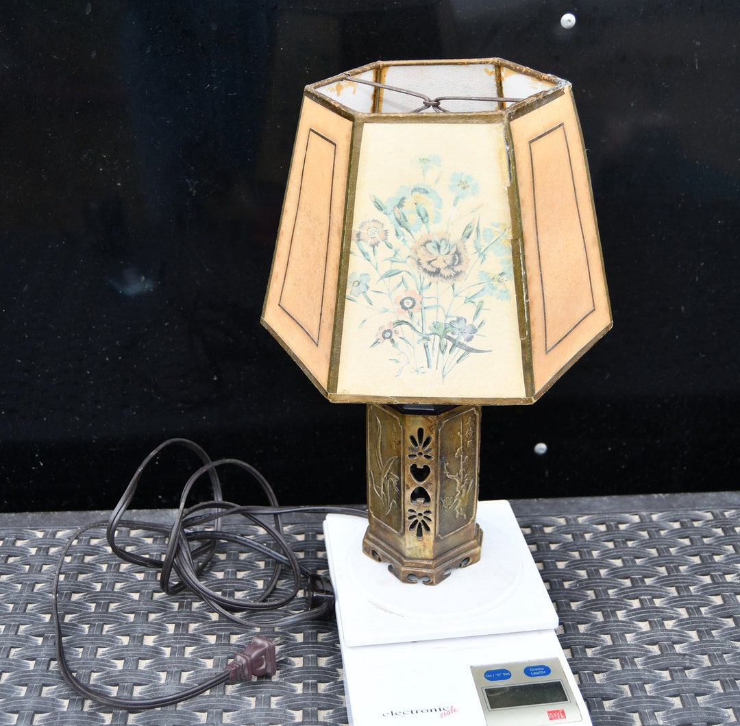 Vintage Brass Lamp Base Carved Four Seasons With Vintage Cardboard