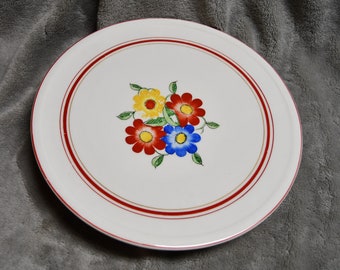 Vintage Porcelain / Ceramic Rotating Pedestal Cake Stand/Cake Plate - Yellow/ Red / Blue Hand Painted Flowers -  Marked Japan With Symbol