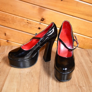 Ladies' Black Patent Leather Look Mary Jane Black Wedge 5 Inch High Heel Shoes - Size Large/About 11" Long x 3.5" Wide   ******READ******