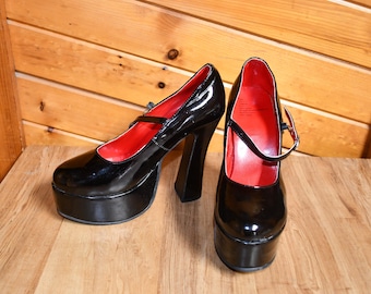 Ladies' Black Patent Leather Look Mary Jane Black Wedge 5 Inch High Heel Shoes - Size Large/About 11" Long x 3.5" Wide   ******READ******
