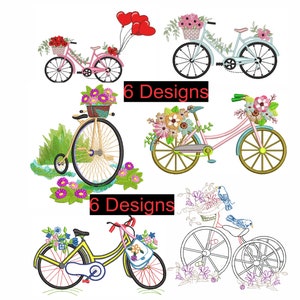 Può includere: Sei disegni di ricamo che presentano biciclette con accenti floreali. Le biciclette sono di vari colori, tra cui rosa, blu e giallo. Alcuni disegni includono cesti pieni di fiori, mentre altri presentano uccelli o cuori.