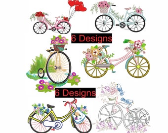 Bicycle Embroidery Design /Six bicycles with flowers in basket / embroidery designs / machine embroidery designs / bike embroidery file