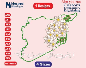 Syrien Landkarte mit Jasmin Stickerei Designs/1 Designs & 4 Größe/ خريطة سوريا مع الياسمين Maschinenstickerei Designs / Dateien Instant Download