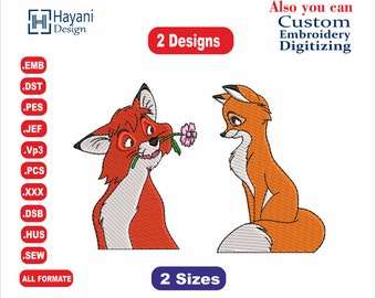 May include: Two embroidered designs of foxes, one with a flower in its mouth, the other sitting with its tail curled. The designs are available in two sizes and multiple formats, including EMB, DST, PES, JEF, VP3, PCS, XXX, DSB, HUS, and SEW.  Custom embroidery digitizing is also available.