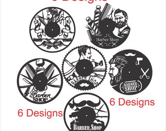 May include: Six different designs for a barber shop clock. Each design features a black and white silhouette of a barber shop theme, including a barber pole, scissors, razors, and a mustache. The text "Barber Shop" is included in each design.