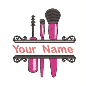 May include: A pink makeup brush set with a mascara wand, a small brush, and a large brush. The brushes are arranged on a black and white decorative shelf with the text "Your Name" in pink.